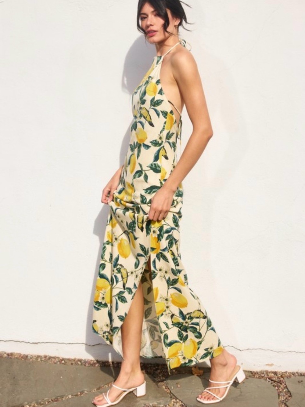 Lemon Print Halter Maxi Dress - Cream & Yellow